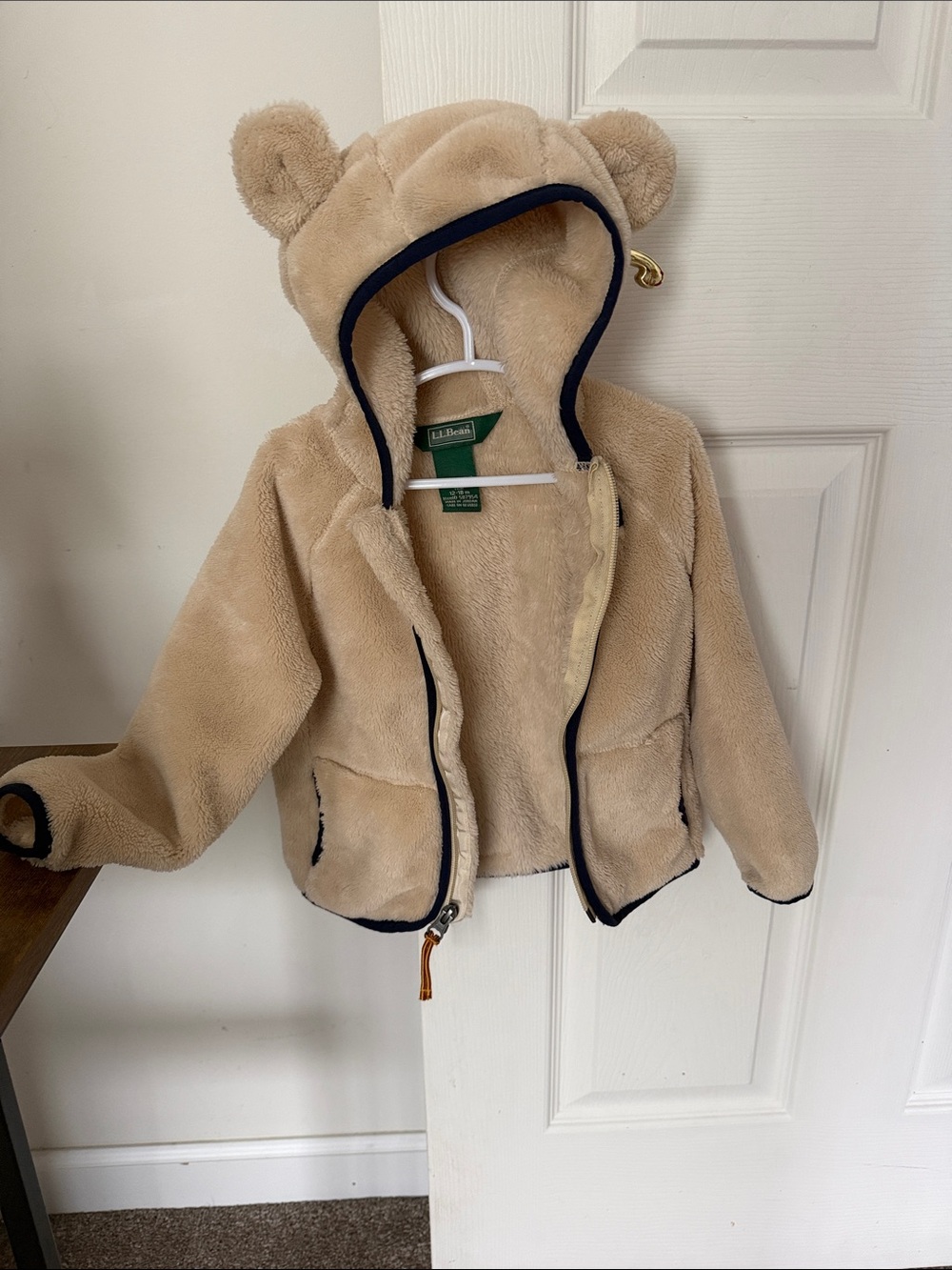L.L. Bean Plush Bear-Ear Hooded Jacket - Beige with Navy Trim